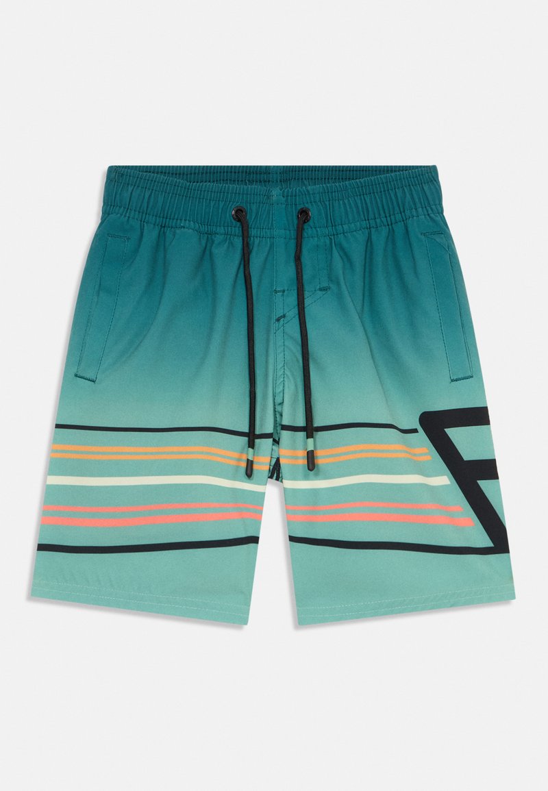Turkio spalvos maudymosi šortai su gradientiniu atspalviu, su juodu raišteliu, šoninėmis kišenėmis ir daugiaspalvėmis horizontaliomis juostelėmis bei logotipo detale.