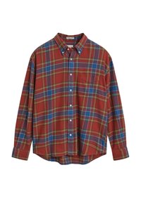 Rot- und Blau-kariertes Hemd mit langen Ärmeln, Button-Down-Kragen und einer Brusttasche auf der linken Seite. Aus einem weichen, strukturierten Stoff.