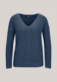 Blauwe gebreide trui met een diepe V-hals, geribbelde textuur, lange mouwen en een ontspannen pasvorm. Beschikt over diagonale stikdetails.