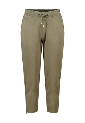 Pantalon de jogging vert olive avec taille à cordon, deux poches latérales et fermetures éclair aux ourlets ; fabriqué en tissu lisse et extensible.
