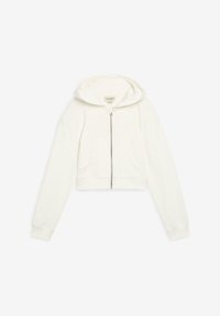 Hoodie bianco cropped con zip, maniche lunghe, tasche frontali e cappuccio, esposto su uno sfondo chiaro e semplice.