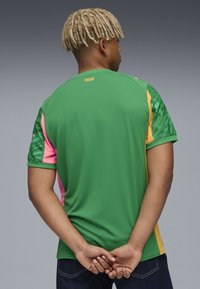 Vihreä urheilupaita lyhyillä hihoilla, jossa on pinkkejä ja keltaisia yksityiskohtia sekä lehtikuvioiset hihat. "MILAN"-logo takana.