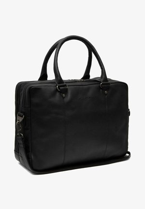 Borsa per laptop in pelle nera con texture liscia, doppio manico, tracolla regolabile, chiusura a zip e dettagli del logo discreti.