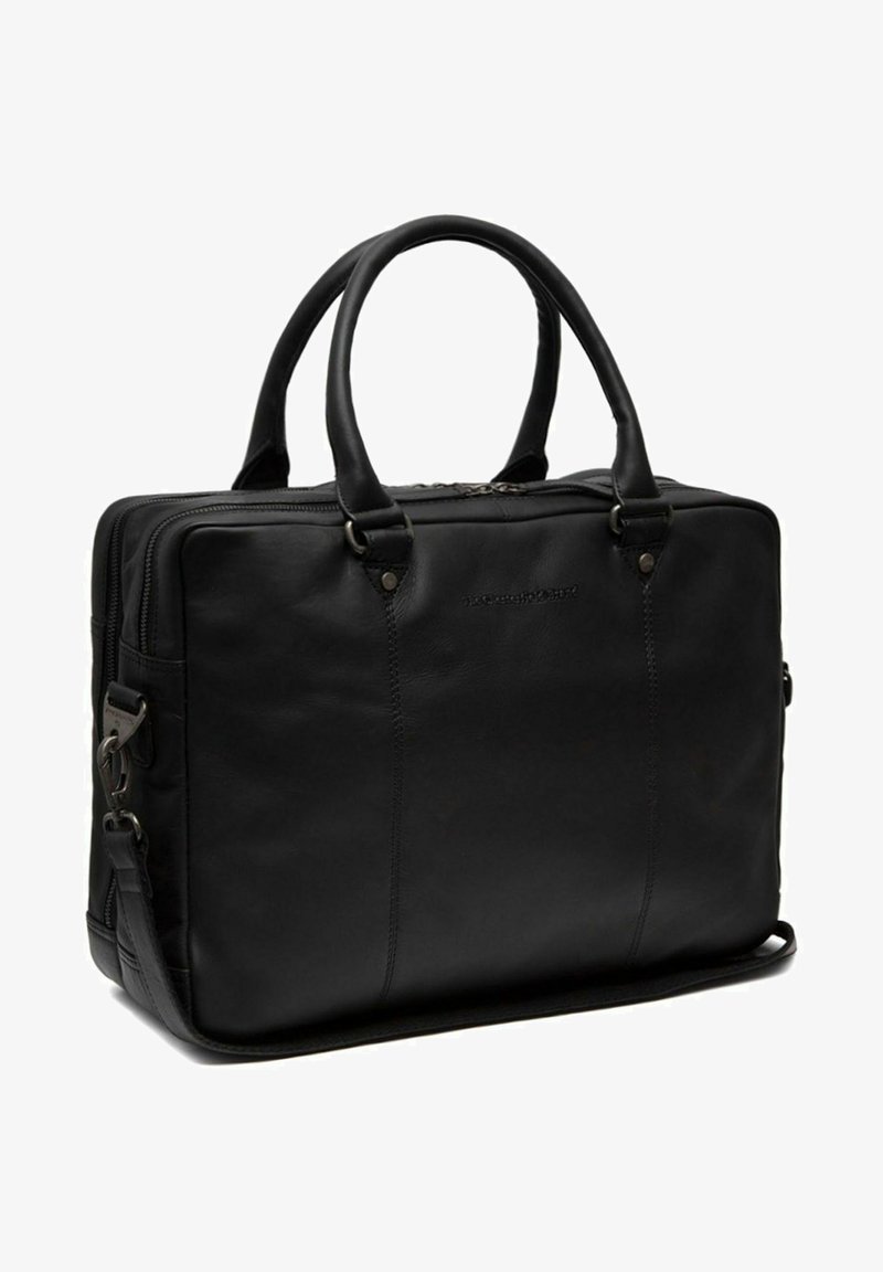 Schwarze Laptoptasche aus Leder mit glatter Textur, doppelte Griffe, verstellbarer Schultergurt, Reißverschlusstasche und dezentem Logodesign.