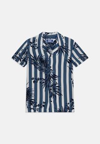 Koszula z krótkim rękawem w niebiesko-białe pionowe paski, z ciemnozielonymi wzorami liści, kołnierzykiem i guzikami z przodu.