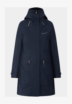 Marineblauer wasserdichter Jacke mit Reißverschluss vorne, verstellbare Kapuze mit Kordelzug, zwei vorderen Reißverschlusstaschen und verstellbaren Bündchen für einen sicheren Sitz. Glatte Textur.