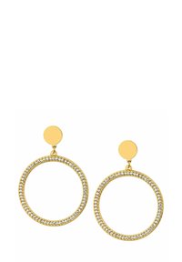 Goldene Creolen mit rundem Design, verziert mit einer Reihe klarer Strasssteine entlang der äußeren Kante und einem kreisförmigen Steckverschluss.