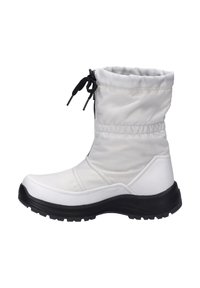 Hvid isoleret ankelstøvle med en snøretop, sorte snørebånd, en glat overdel, tekstureret sål og en gummibaseret sort bund for forbedret greb.