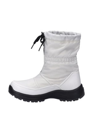 Weiße isolierte Knöchelstiefel mit gerafftem oberen Rand, schwarzen Schnürsenkeln, glattem Obermaterial, strukturiertem Profil und einer gummierten schwarzen Sohle für verbesserten Grip.