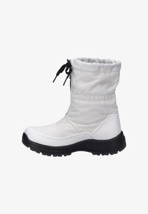 White insulated ankle boot with a cinched top, black laces, a smooth upper, textured sole, and a rubberized black base for enhanced grip.
