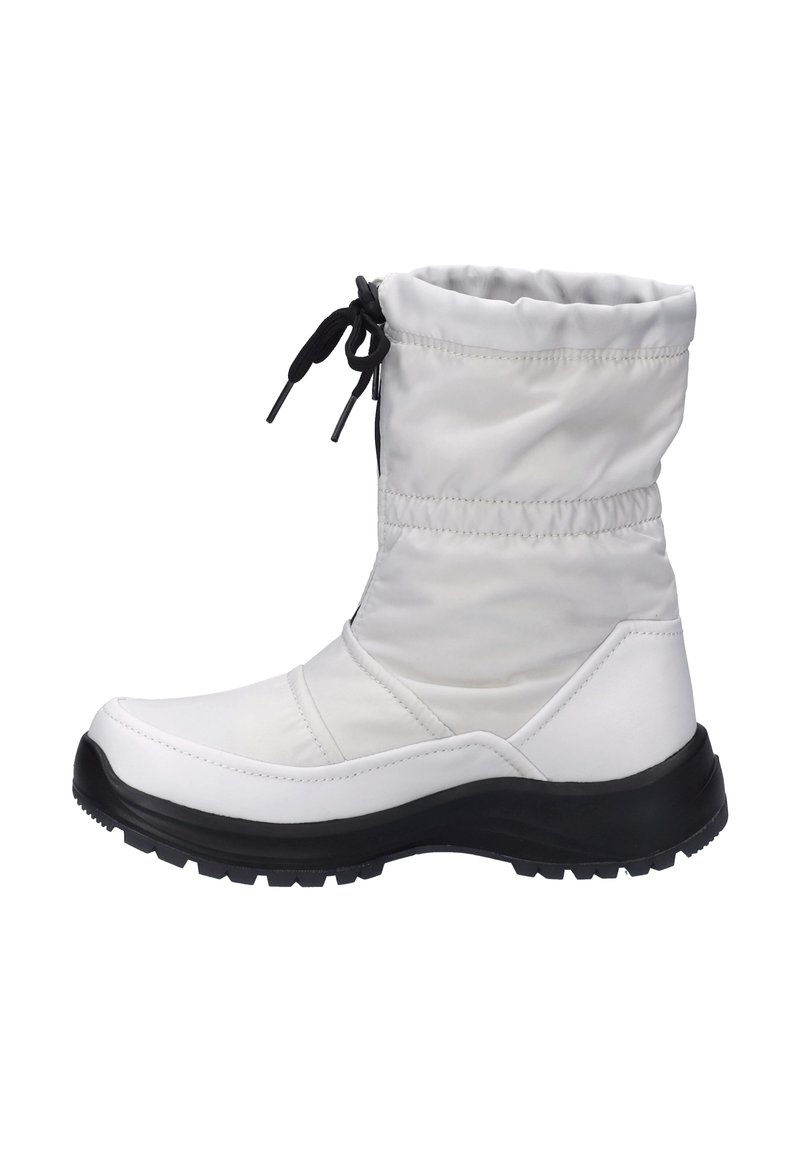 Hvid isoleret ankelstøvle med en snøretop, sorte snørebånd, en glat overdel, tekstureret sål og en gummibaseret sort bund for forbedret greb.