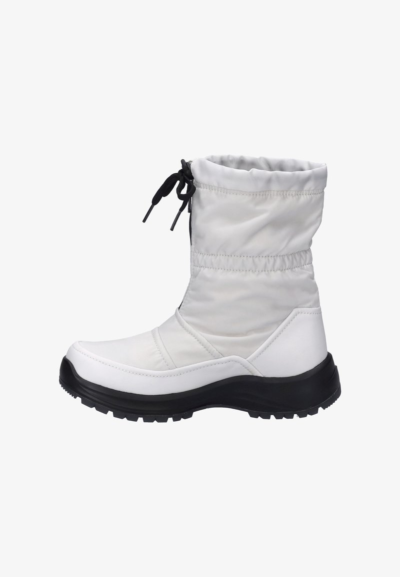 Hvid isoleret ankelstøvle med en snøretop, sorte snørebånd, en glat overdel, tekstureret sål og en gummibaseret sort bund for forbedret greb.