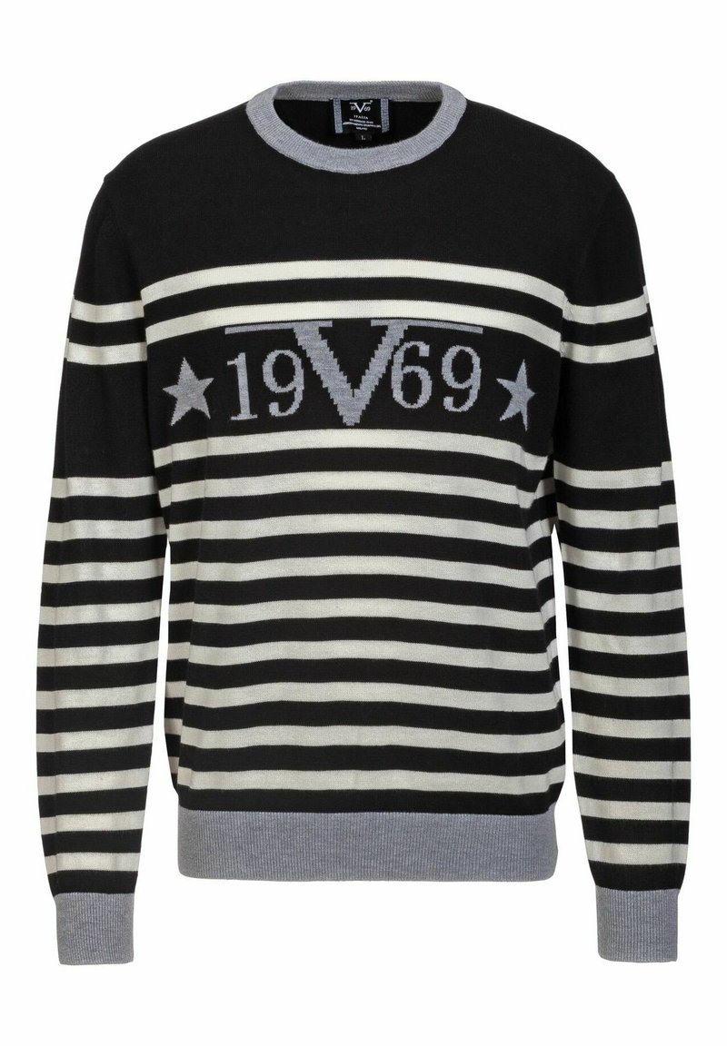 Pull rayé noir et blanc avec col et poignets gris, affichant "19V69" et des étoiles grises sur la poitrine.