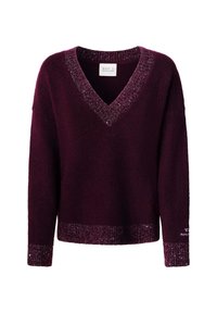 Maglione viola scuro a V con rifiniture metalliche sul colletto, sui polsini e sull'orlo, e una piccola etichetta bianca del brand all'interno del colletto.