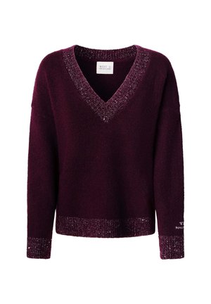 Dark purple V-neck sweater with metallic trim on neckline, cuffs, and hem, and a small white brand label inside the collar.