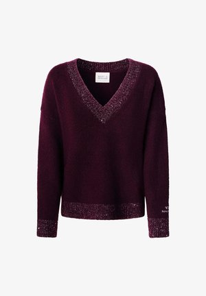 Suéter de color púrpura oscuro con escote en V, adornado con un ribete metálico en el cuello, los puños y el dobladillo, además de una pequeña etiqueta de marca blanca en el interior del cuello.