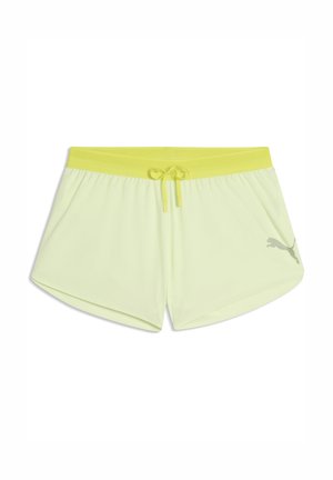 Pantaloncini sportivi giallo chiaro con vita elastica e coulisse giallo brillante, caratterizzati da un piccolo logo Puma sulla gamba destra.