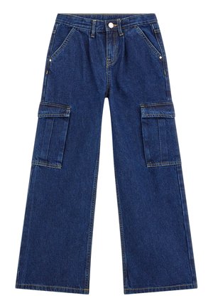 Jeans cargo a gamba larga in denim blu scuro, con molteplici tasche, chiusura a bottone e cuciture a contrasto. Materiale testurizzato e resistente.