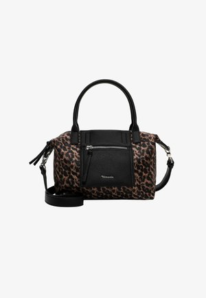 Bolso de mano con estampado de leopardo marrón y negro, con dos asas, una correa desmontable y un bolsillo con cremallera en la parte frontal sobre un panel texturizado negro.