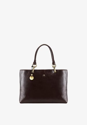 Donkere bruine leren handtas met twee handvatten en gouden beslag, voorzien van een ronde gouden hanger en een klein geperst logo aan de voorkant.