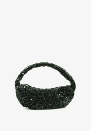 Mørkegrøn taske dækket af skinnende palietter med en buet håndtag og lynlåslukning på en hvid baggrund.