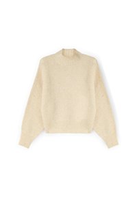 Kremowy dzianinowy sweter z wysokim kołnierzem, opuszczonymi ramionami oraz ściągaczami na mankietach i dole. Miękka tekstura i luźny krój.