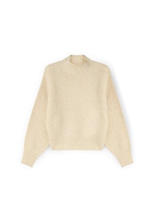 cremefarbener, gestrickter Pullover mit hohem Kragen, überschnittenen Schultern und gerippten Bündchen sowie Saum. Weiche Textur und entspannte Passform.