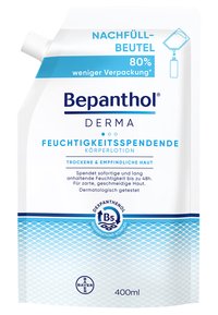 Bepanthol Derma Bodylotion Nachfüllpack, weiß mit blauer Schrift, verfügt über eine Ausgießöffnung für einfaches Dosieren und enthält 400 ml feuchtigkeitsspendende Lotion.