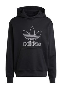 Sweat à capuche noir en mélange de coton, présentant un grand logo trefoil blanc d'Adidas sur le devant, une poche kangourou et des poignets et un ourlet côtelés.
