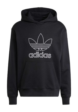 Juodas megztinis su gobtuvu, pagamintas iš medviln�ės mišinio, su dideliu baltu Adidas trefoil logotipu priekyje, kengūros tipo kišene ir banguotais rankogaliais bei apačia.