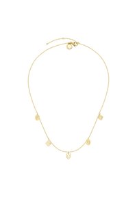 Guldtonet halskæde med en tynd kæde og fem dekorative vedhæng i forskellige former og indviklede mønstre. Justerbar lås bagpå.