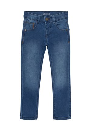 Calças de ganga azuis para crianças com passadeiras para cinto, botão frontal, fecho éclair e design com cinco bolsos, rotuladas Minymo Denim Collection.