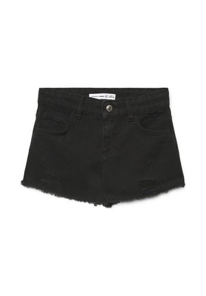 Shorts in denim nero con orlo sfrangiato, chiusura con bottoni e tasche frontali, caratterizzati da lievi dettagli consumati.