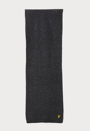 Dunkelgrau gestrickter Schal mit einem kleinen gelben Vogel-Logo, das nahe einem Ende gestickt ist, auf einem weißen Hintergrund flach ausgelegt.