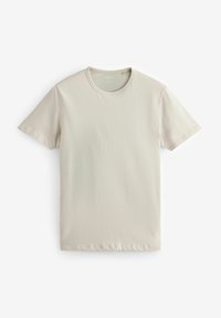 Tricou scurt cu mânecă scurtă, de culoare bej deschis, cu un decolteu rotund, realizat dintr-un material neted, având un design minimalistic, fără modele sau accente.