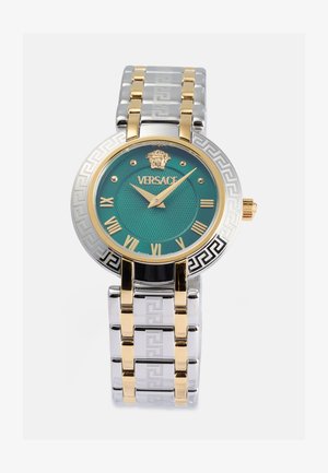 Orologio in acciaio inossidabile dorato e argentato con quadrante verde testurizzato, numeri romani e logo Medusa, dotato di un bracciale con design a motivi.