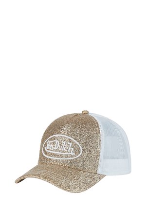 Casquette à panneau avant doré scintillant et visière, avec un dos en filet blanc, arborant un logo "Von Dutch" en relief blanc à l'avant.