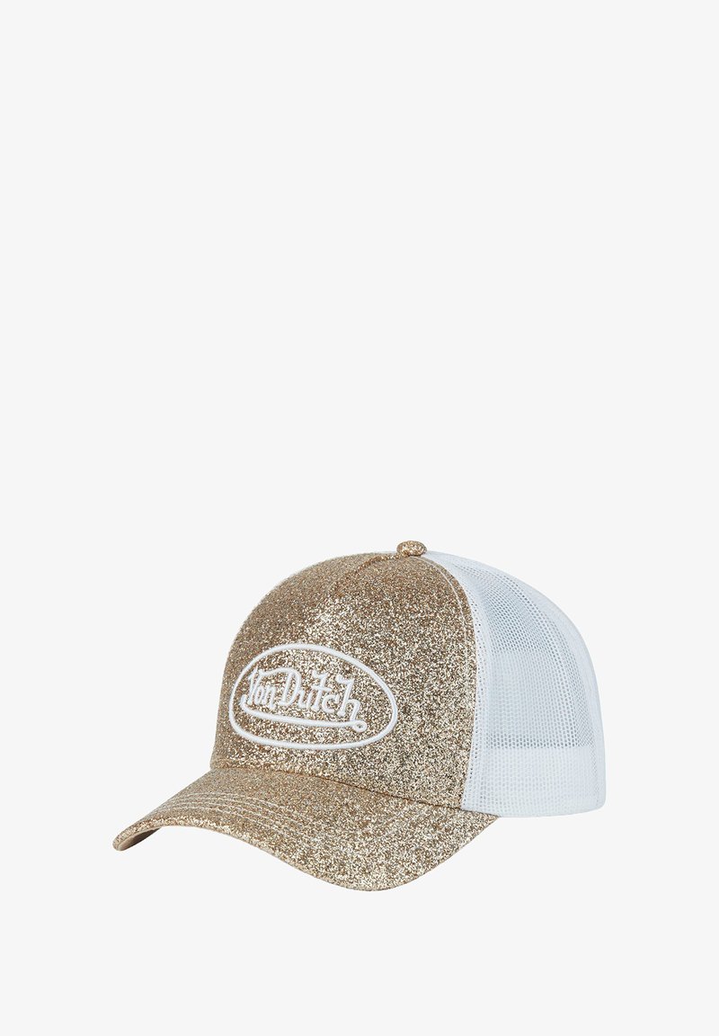 Cap glittered gold front panel and bill with white mesh back, featuring raised white "Von Dutch" logo on front.