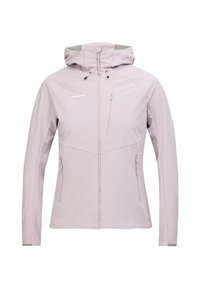 Helle lavendelfarbene Softshell-Jacke mit Kapuze, Reißverschlussfront, Brusttasche und Seitentaschen. Sie hat eine glatte Textur und ist für den Outdoor-Einsatz konzipiert.
