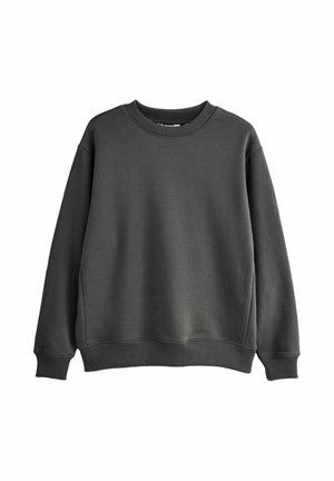 Dark gray crewneck sweatshirt with long sleeves, ribbed cuffs and hem, displayed on a white background.