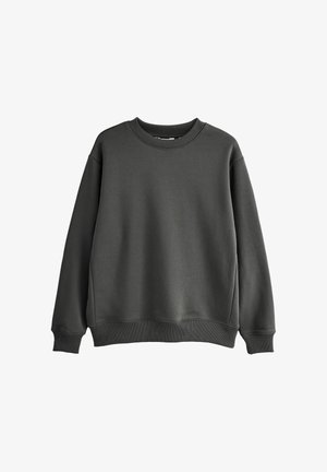 Mørkegrå crewneck sweatshirt med lange ærmer, ribbede manchetter og kant, præsenteret på en hvid baggrund.