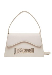 Borsa a mano sintetica beige con una forma strutturata, pattina a onde e dettaglio del logo dorato "Justcavalli" sul davanti. Presenta una tracolla staccabile.
