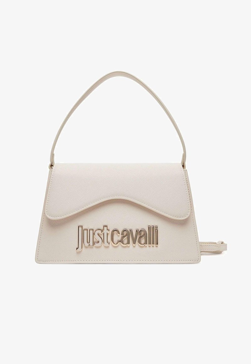 Borsa a mano sintetica beige con una forma strutturata, pattina a onde e dettaglio del logo dorato "Justcavalli" sul davanti. Presenta una tracolla staccabile.