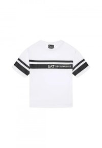 T-shirt bianca a maniche corte con strisce orizzontali nere e stampa del logo sul petto. Collo tondo con vestibilità regolare.