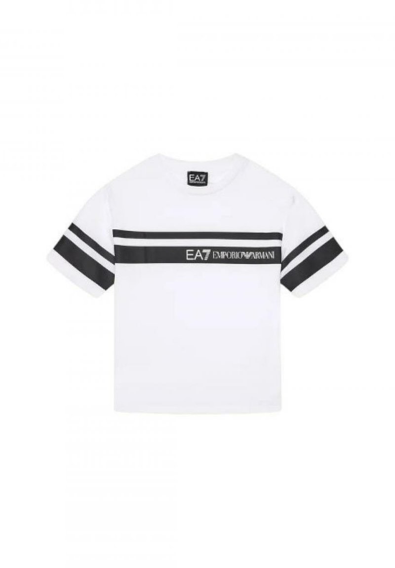 T-shirt bianca a maniche corte con strisce orizzontali nere e stampa del logo sul petto. Collo tondo con vestibilità regolare.