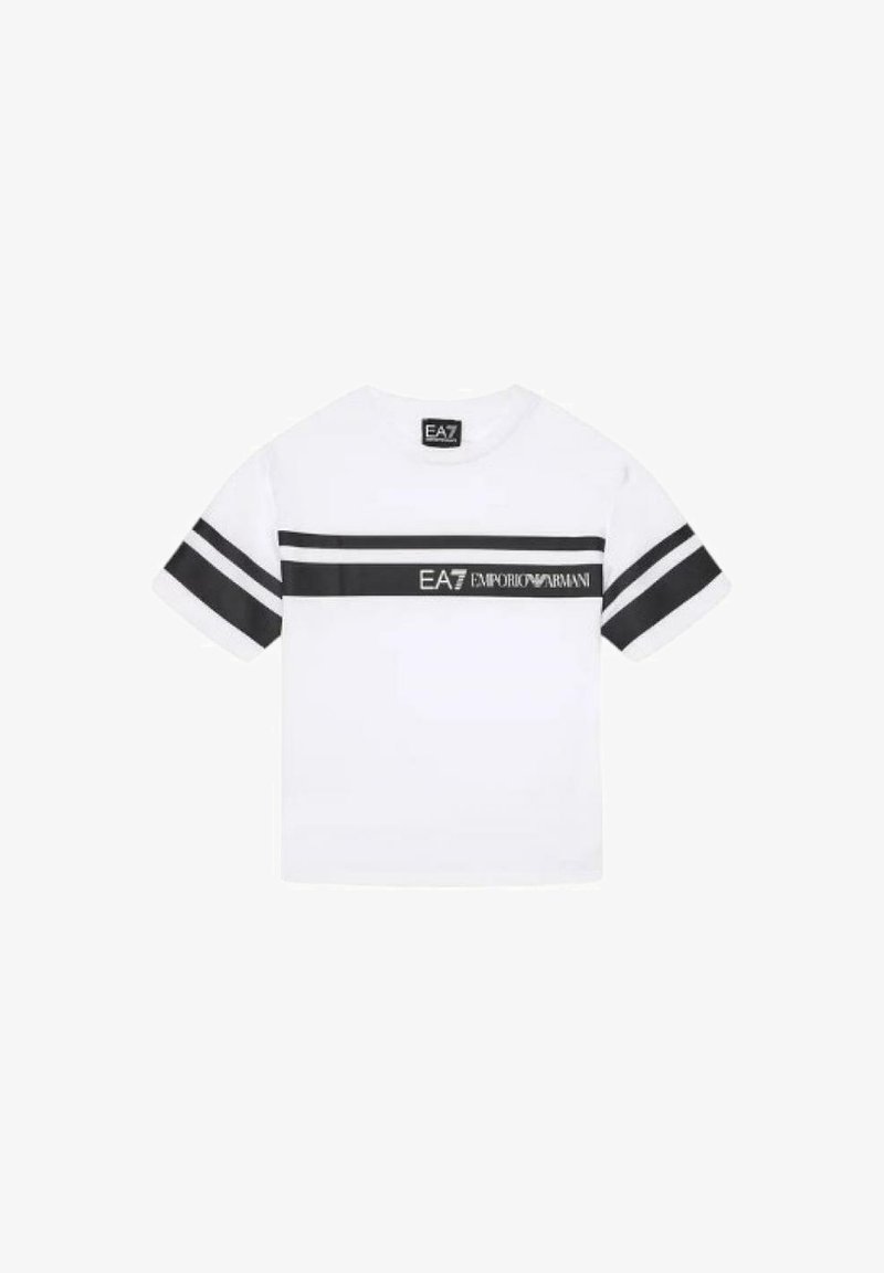 T-shirt bianca a maniche corte con strisce orizzontali nere e stampa del logo sul petto. Collo tondo con vestibilità regolare.