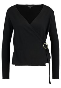 Černý top ve stylu zavinování z měkké látky, s véčkovým výstřihem, dlouhými rukávy, všitým páskem se zlatým kruhovým akcentem a texturovaným lemem.