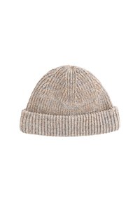 Beige knitted beanie hat with a thick, ribbed cuff and a textured body, featuring subtle variations in color and pattern throughout.