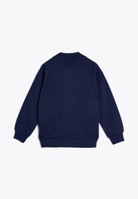 Sudadera azul marino hecha de una mezcla de algodón, con mangas largas tipo raglán, puños y dobladillo acanalados, con una textura suave y un diseño minimalista.