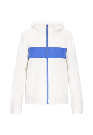 Bela kapuca jakna z izrazito modro vodoravno črto čez prsa, spredaj z zadrgo in stranskima žepoma. Gladka tekstura.